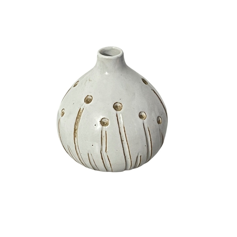 Unbranded Ceramic Bud Vase Home Decor‎ Small White Tan Hand Carved Stoneware